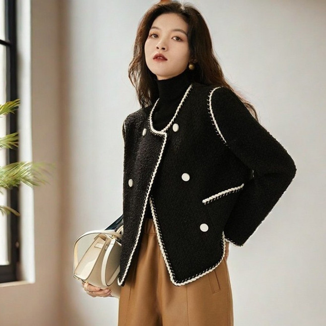 별후이 여성용 가을 겨울 데일리 오피스룩 라운드넥 루즈핏 니트 베이직 긴팔 트위드 자켓