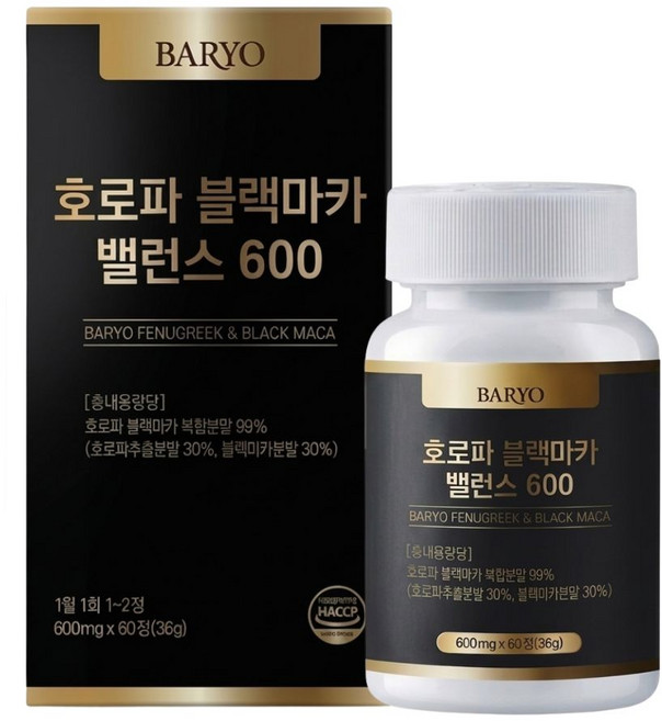 BARYO 호로파 블랙마카 1:1 프리미엄 밸런스 600mg 캡슐 60정, 1