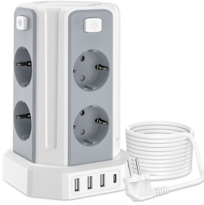 Sameriver 과부하차단 USB 타워 멀티탭 - 블랙 - 3M 전선 - USB 멀티탭 12구 (8소켓 3*USB-A 1*USB-C) KC안전인증을 통해, 그레이화이트, 1개