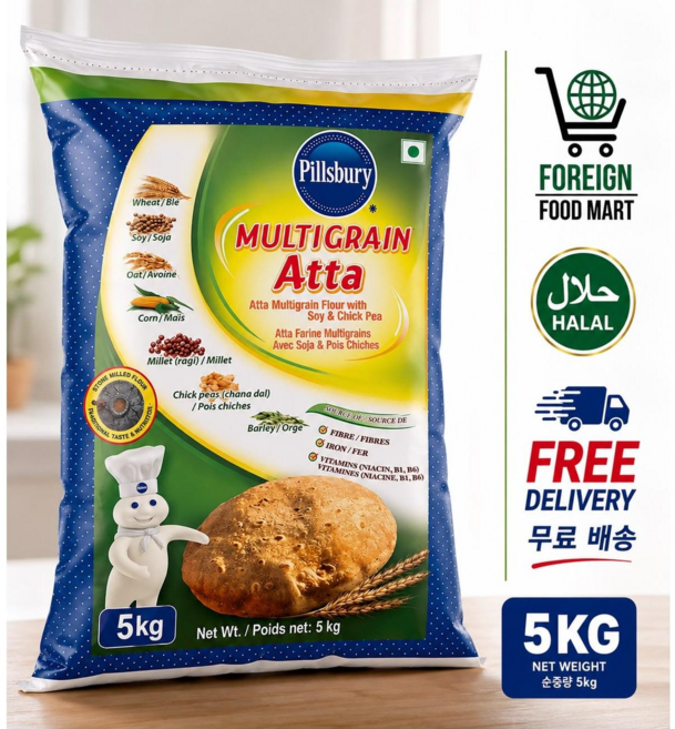 Pillsbury Multigrain Atta 5kg 인도 통밀가루 멀티그레인 로티 난 차파티 밀가루 건강, 1개