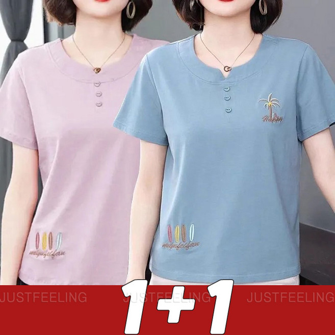 1+1 중년여성 반팔티 빅사이즈 블라우스 캐주얼 이너티 고급 여자반팔티 JUSTFEELING