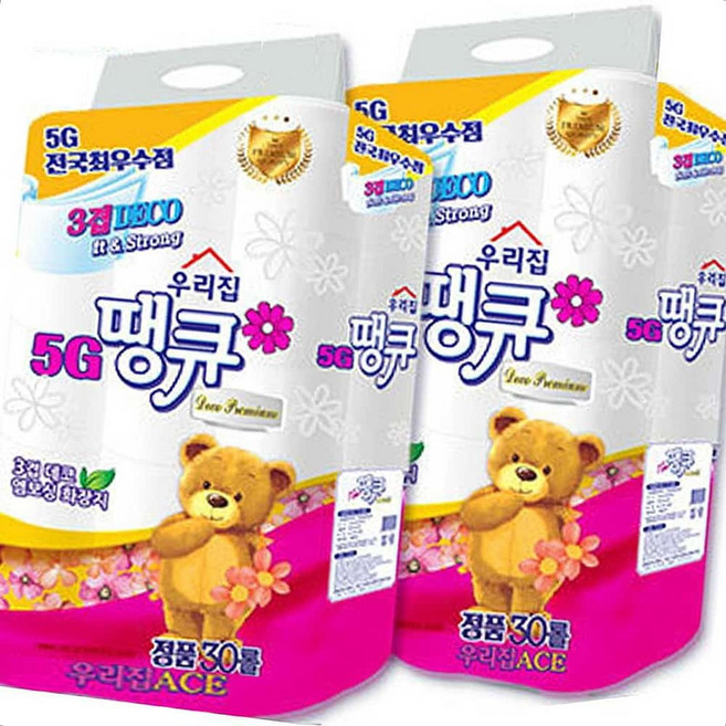 엠보싱화장지 두루마리휴지 플라워 땡큐 3겹 롤 화장지 휴지 30롤 1+1 2팩 우리집화장지