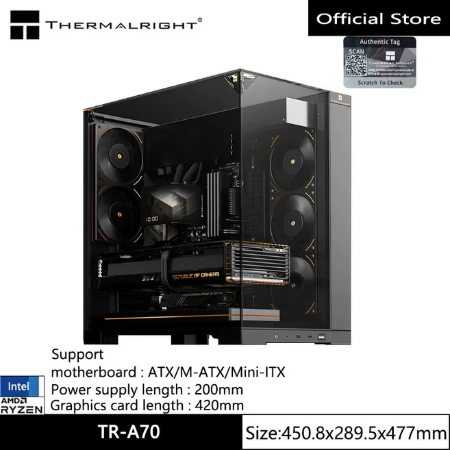 Thermalright TR-A70 ATX PC 케이스/3면 투명 측면 패널/그래픽 카드 ≤420mm 지원/전원 공급 장치 ≤200mm, 01 없음, 05 TR-A70
