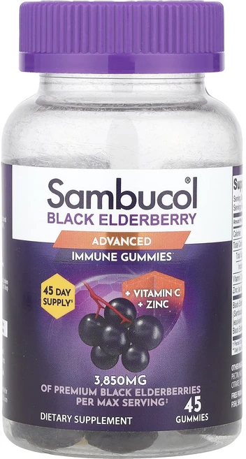 Sambucol 블랙 엘더베리 면역력 강화 구미젤리 + 비타민C + 아연 구미젤리 45개, Sambucol블랙엘더베리면역력강화구미젤리비타민C아연구, 1개, 45정 - 쿠팡