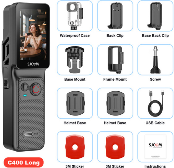 SJCAM C400 듀얼 스크린 액션 카메라 다목적 플래그십 4K 모듈형 스포츠 헬멧 태권도 대시캠 표준 선물 세트, No Memory Card, [02] C400