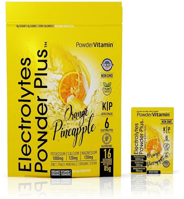 PowderVitamin 전해질 파우더 플러스 케토 오렌지 파인애플 무설탕 핑크 히말라야 소금 칼륨 1000mg 칼슘 120mg 마그네슘 120mg GMO 프리, 1개, 85g - 쿠팡