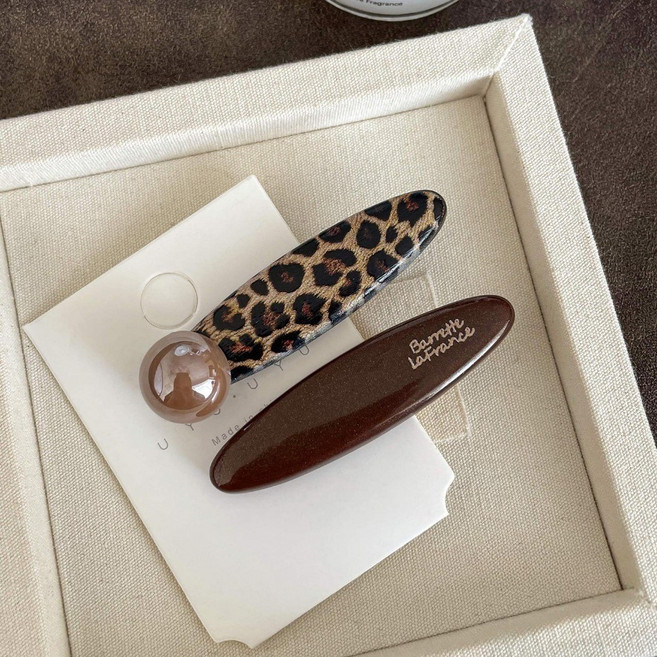 레오파드 브라운 진주 미니 앞머리 똑딱핀 세트