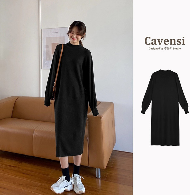 【Cavensi】加大加厚 高質感磅數毛衣針織裙 長袖針織洋裝 半高領連衣裙 A199