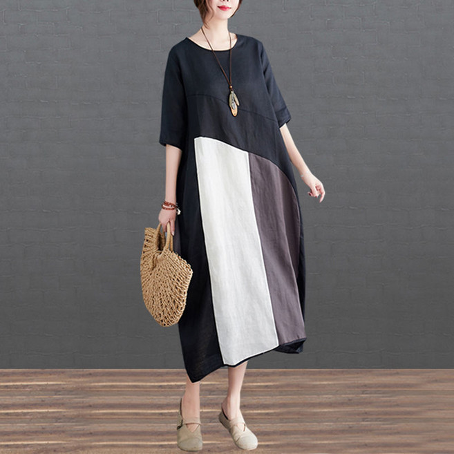 레이디매직 빅사이즈 라운드넥 배색 롱 원피스