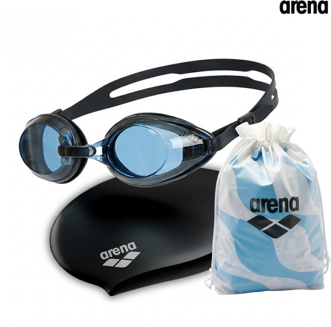 아레나 수경 수모 방수백 세트 성인 물안경 수영모자, 1개, 블랙
