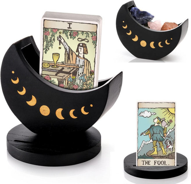 달 모양 케이스가 있는 오르보우 타로 덱 홀더 우드 카드 디스플레이 박스 스탠드 페이즈 데 오라클 정리함 크리스탈 스톤 보관용 마법 장식 용품, 1개