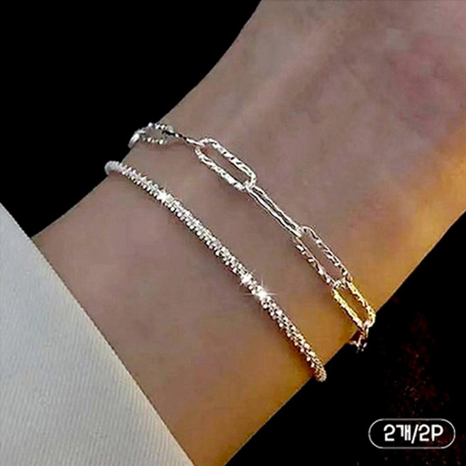 FANSYLI 더블 은팔찌 두줄 은도금 체인 팔찌 럭키 행운 레이어드 은 팔찌 실버팔찌 써지컬팔찌 데일리팔찌 0526JLL087