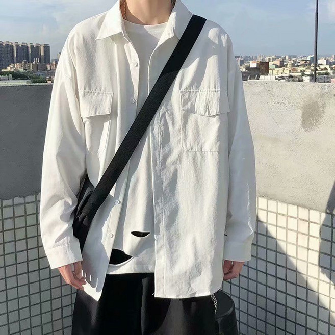 純色港風寬鬆大碼襯衣工裝純棉襯衫男春秋ins長袖外套休閒潮流