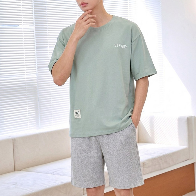 SSINGYUN 남성 여름 오버핏 쿨 모달 반팔 반바지 잠옷 상하의 세트
