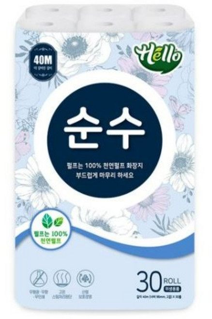 헬로 순수 천연펄프 2겹 롤화장지, 40m, 30개입, 2개