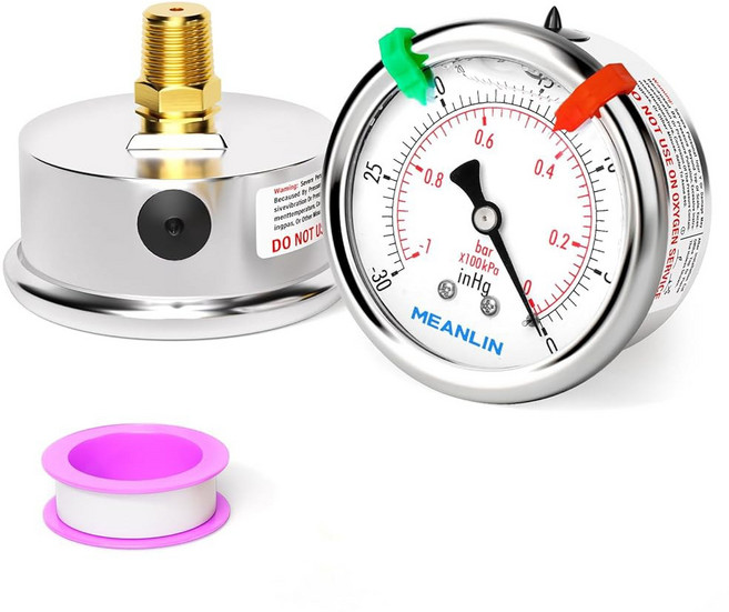 MEANLIN 측정 0~5000Psi 스테인리스 스틸 액체 충전 압력 게이지 1/4인치 NPT 2.5인치 얼굴 다이얼 고무 보호 슬리브 하부 마운트, -30inHG-0Psi, 2 Back Mount/ 1/8NPT, 1개