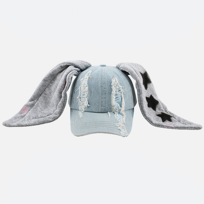 gradle 데님 토끼 모자 핸드메이드 낙서 토끼귀 모자 여성 y2k 볼캡 힙합모자 사으즈 조절 가능