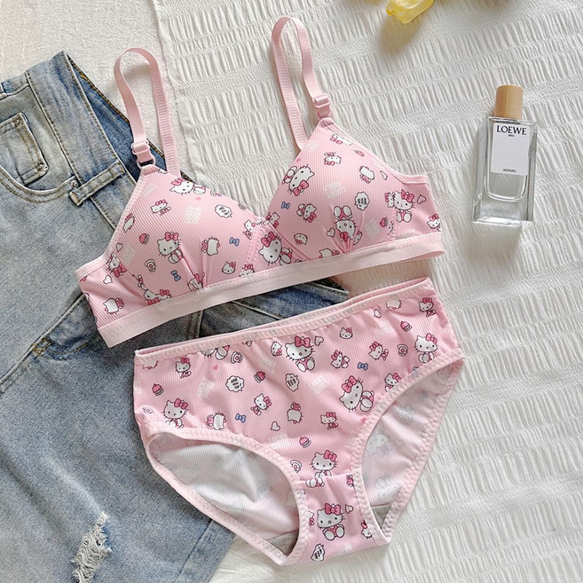 티류으스 러블리 키티 캣 고양이 캐릭터 불륨업 노와이어 브라 삼각컵 브라+팬티 세트 여성 속옷 세트