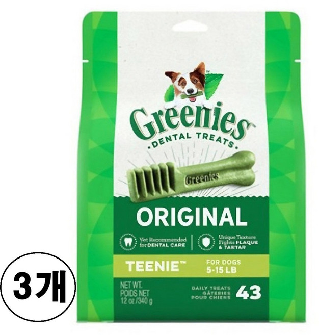 하루 한개 구강관리 간식 그리니즈 덴탈껌 티니 43p, 3개, 340g