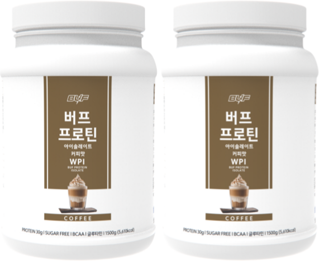 버프 프로틴 아이솔레이트 WPI 100% 유청 단백질 보충제 파우더 커피맛 1.5kg, 2개