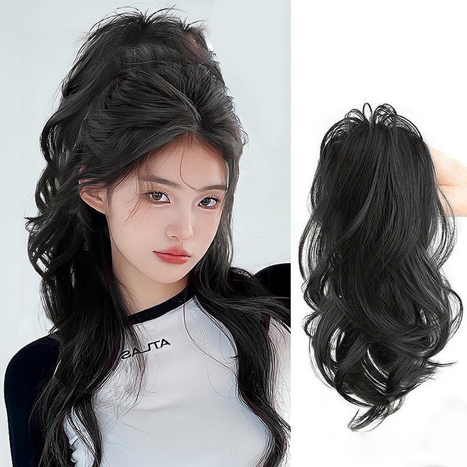 IDEA1st 포니테일 풍성 붙임머리 집게 가발 업스타일 묶음머리 웨이브 집게핀, 1개, 블랙