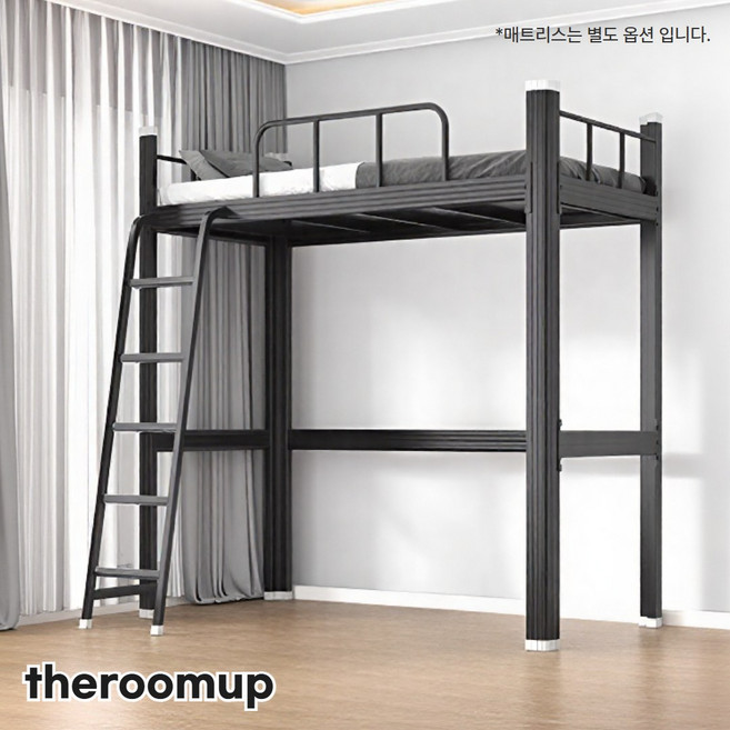 [더룸업] 2층 침대 프레임 벙커 성인 이층 공간활용 기숙사 원룸 어른 철제 분리형 학생, 블랙 + 매트리스