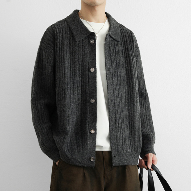 남성용 라펠 단색 캐주얼 남성 카디건 청소년 질감 있는 긴팔 보온 트렌디 니트 스웨터
