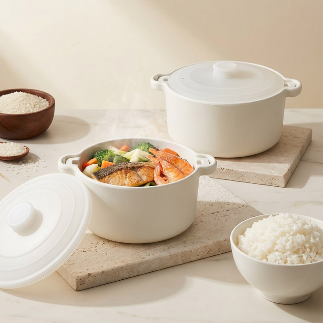 하루꿈 실리콘 찜기 다용도 저당밥솥 1200ml 전자레인지 용기, 1개, 아이보리