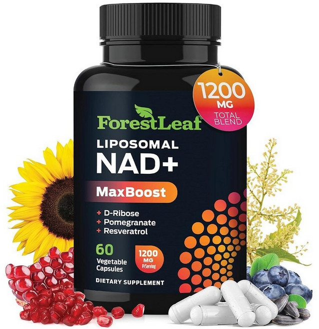 ForestLeaf NAD 레스베라트롤 캡슐 여성 및 남성용 리포솜 보충제 D-리보스 석류 함유 에너지 집중력 안티에이징 지원을 위한 NAD+ NMN 보충제 대체품 (, ForestLeaf NAD+ 보충제 - 1200mg 리, 1개