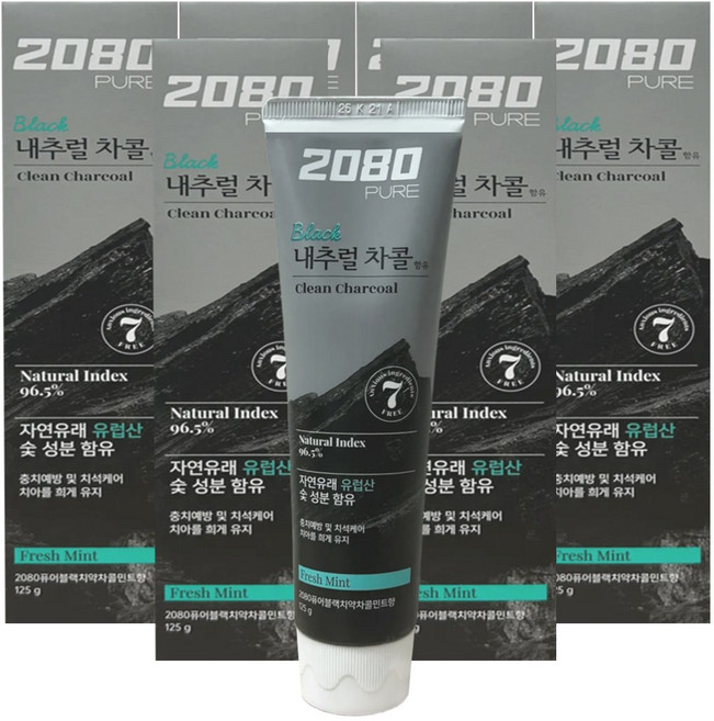 2080 퓨어 블랙치약 차콜 민트향 125g, 6개