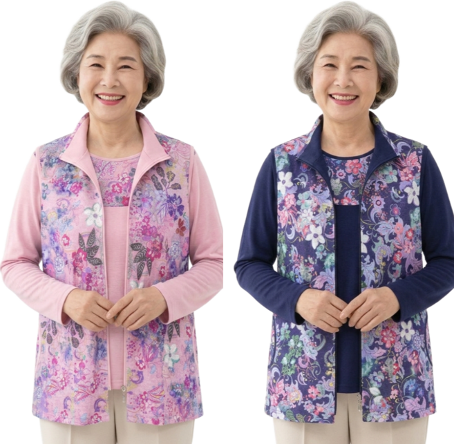 [어르신몰] 봄 할머니옷 영주꽃조끼SET 긴팔티 세트 핑크 곤색 70대80대90대선물