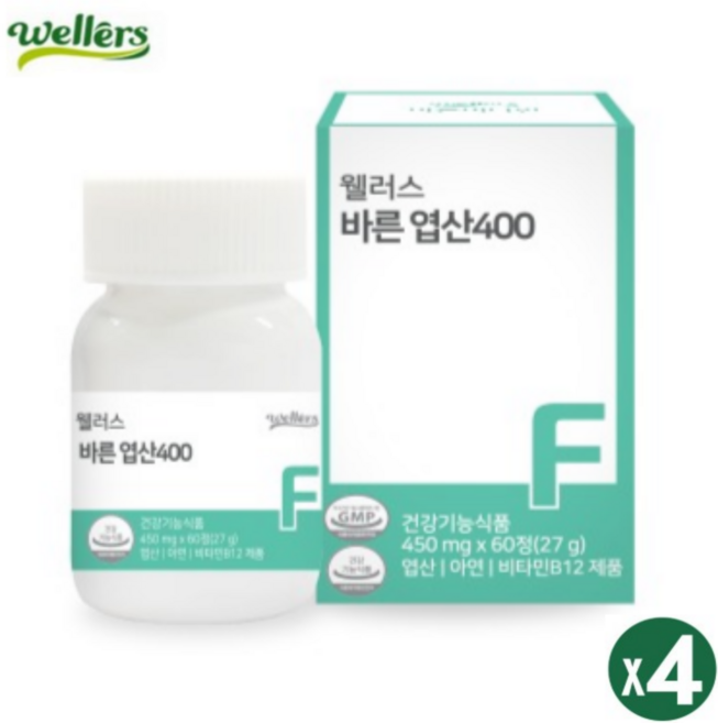 바른 엽산 통풍 임산부 엽산제 450mg 60정 자연유래 바른원료 No화학부형제 아연 비타민B, 4개