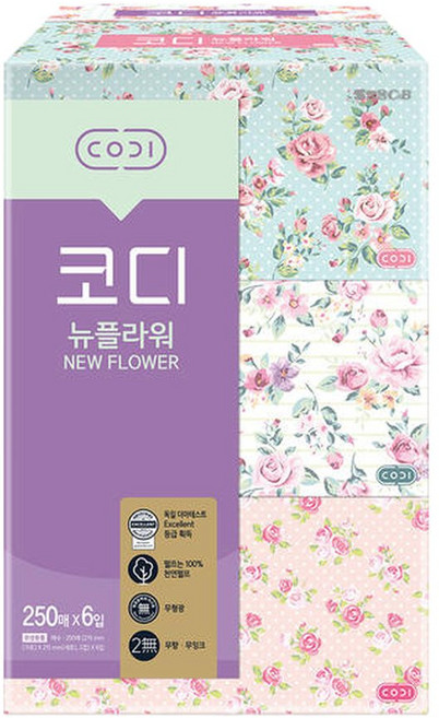 코디 뉴플라워 미용티슈 250매 6입 1팩 각티슈 화장지 휴지, 1박스