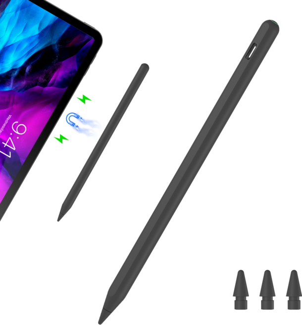 JAMJAKE 아이패드 호환 스타일러스 펜슬 스마트 터치펜 초미세 펜촉 2가지 충전 방식 자석 충전 + USB-C 충전 P10, 1개, 블랙