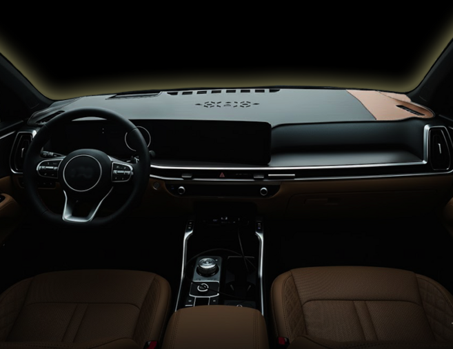 2026 쏘렌토 가죽 대쉬보드커버 럭스 카마루, 블랙가죽-브라운포인트, 2026 쏘렌토 HUD무 센터스피커유