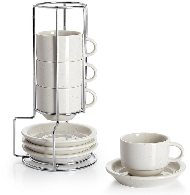 소스와 메탈 스탠드가 포함된 스웨이드 2.5온스 도자기 스택형 에스프레소 컵 4종 세트 화이트, Dove Grey, 8 Ounces, 1개