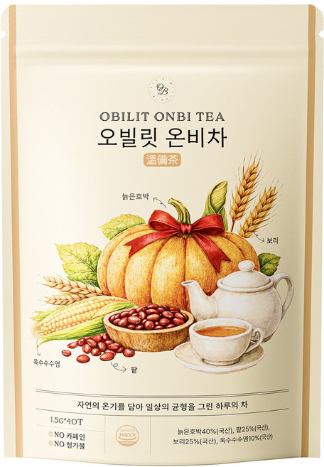 오빌릿 온비차 호박팥차 티백 붓기차 옥수수수염 보리 무카페인 차, 1개, 40개입, 1.5g