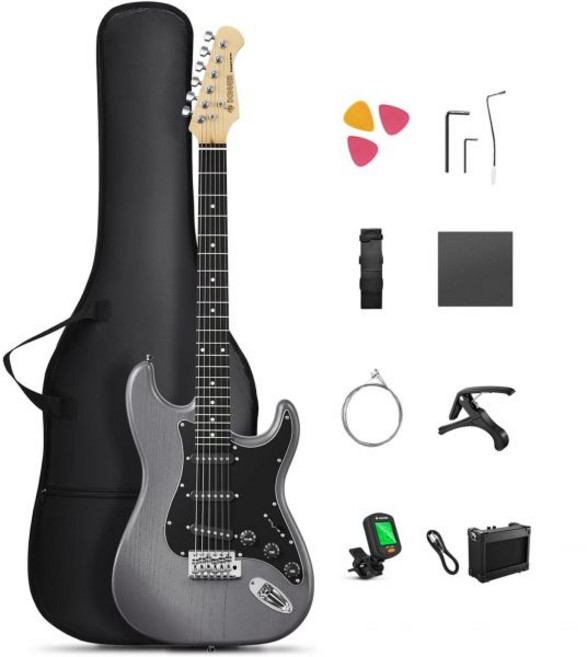 도너 DST-80 일렉트릭 기타 39인치 초보자용 키트 앰프 포함 클래식 SSS 픽업 기타백 튜너 카포 스트랩 피크 무료 온라인 레슨, 무광 검정
