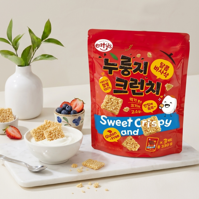[이더스] 찹쌀 누룽지 글루텐프리 바삭크런치, 4개, 330g