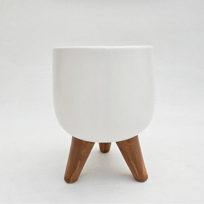 BSLife 북유럽 무드 원형 화분 원목색 다리 세라믹 자취방 홈데코, 1개, 화이트