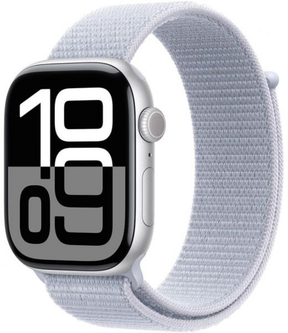 스마트워치 방수 멀티 연동 Apple Watch 시리즈 10 GPS 셀룰러 46mm - 블루 클라우드 스포츠 루프가 있는 실버 알루미늄 케이스 원 사이즈 리퍼