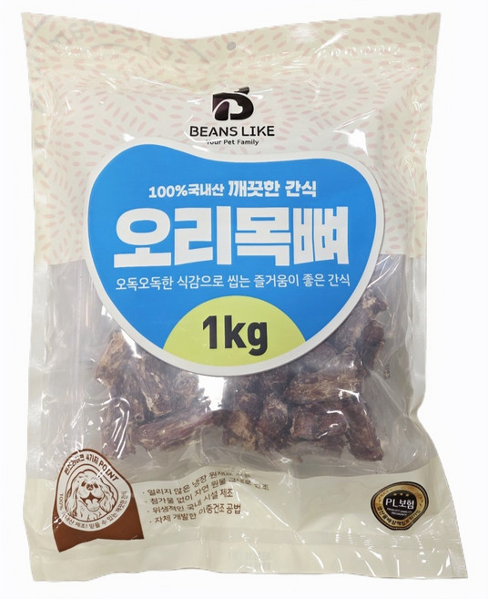 빈즈라이크 오리날개 강아지 간식, 오리목뼈, 1kg, 1개