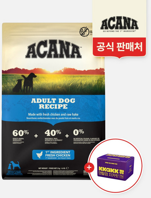 아카나 어덜트 레시피 독 2kg+깎 치카핏 덴탈껌 30개입, 1개, 2kg, 닭