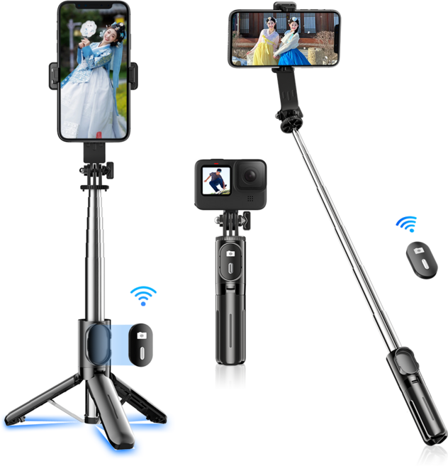 NICESUN 미니 블루투스 휴대폰 삼각대 스마트폰/카메라/고프로 삼각대 셀카봉 71cm P06, 블랙, 1개