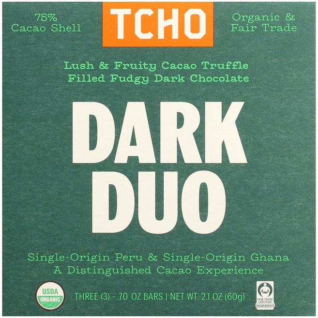 TCHO Dark Duo Cacao Truffle Filled Fudgy Dark Chocolate 75% Cacao Shell 3 Bars 0.70 oz Each, TCHO, Dark Duo, Cacao Truffle