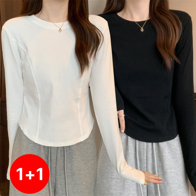 1+1스타일아유 봄가을 이너 여성 슬림핏 베이직 심플 라운드넥 긴팔 티셔츠 숏탑 TS2939