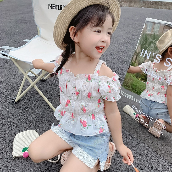 여아 꽃무늬 오프숄더+데님 반바지 투피스 세트