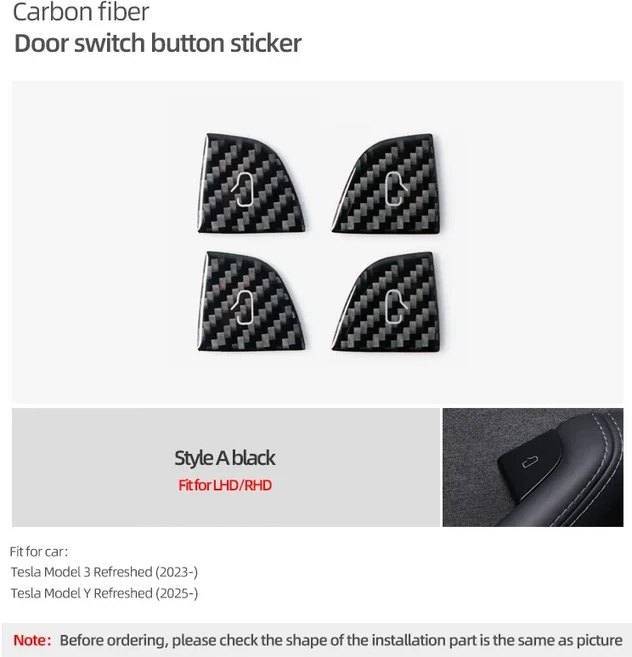 쿠쿠스토어 테슬라 모델 Y 2019-2025 주니퍼 3 하이랜드 2024 카본 파이버 액세서리 실내 도어 스위치 버튼, 01 A black highland G53