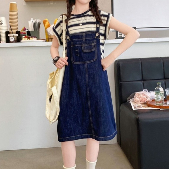 구빠방 여아 데님 멜빵 포켓 미디 스커트