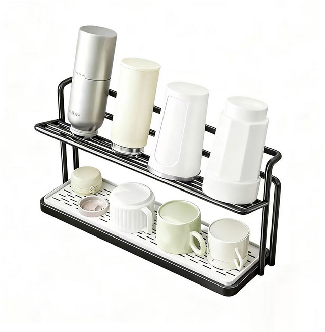Alemon 컵건조대 주방컵정리대 컵정리대선반2단 두꺼운소재 물빠짐 트레이, 01블랙, 1개